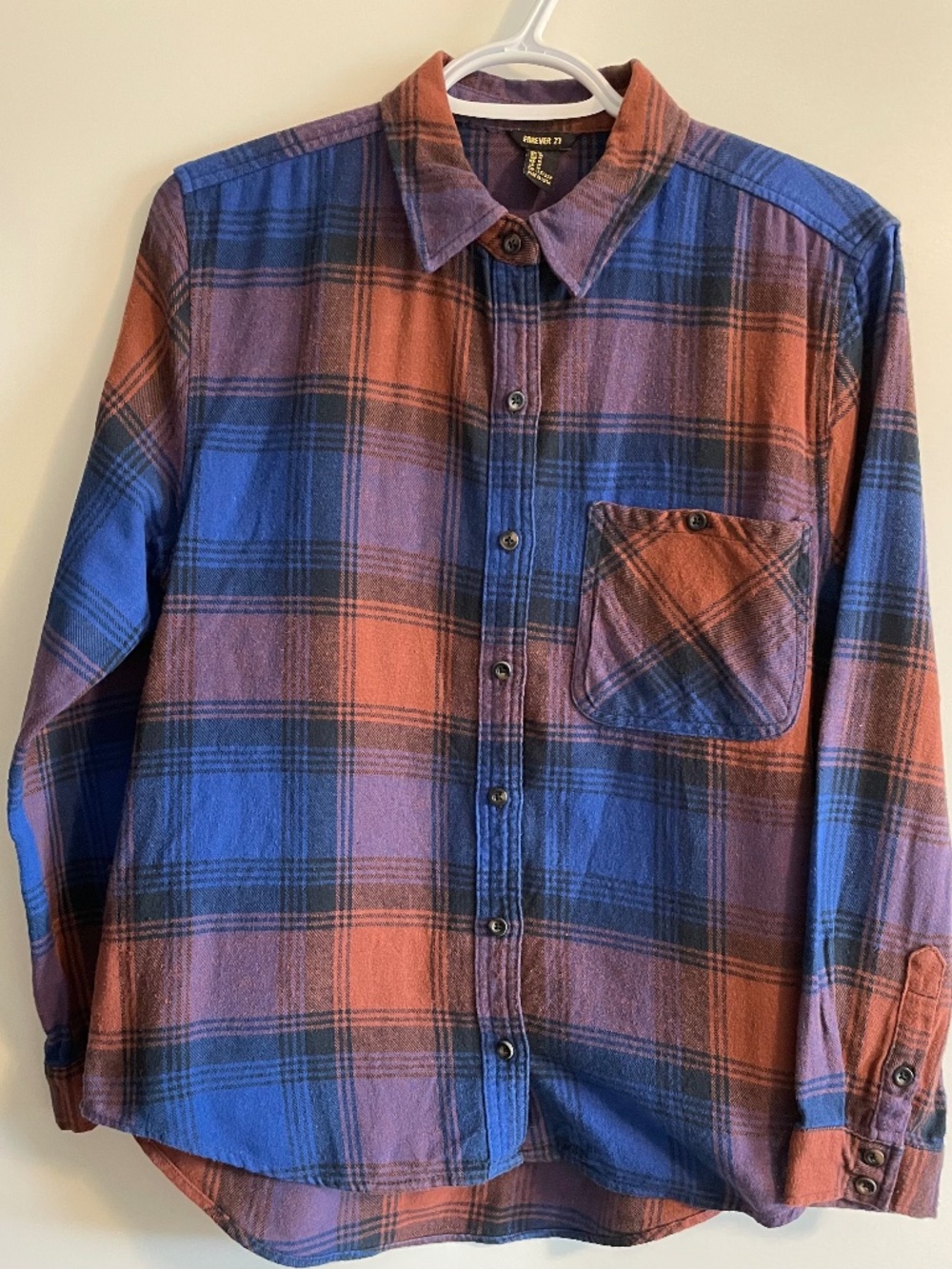 Forever 21 Rust Orange & Royal Blue Plaid Flannel Button Down Shirt Medium